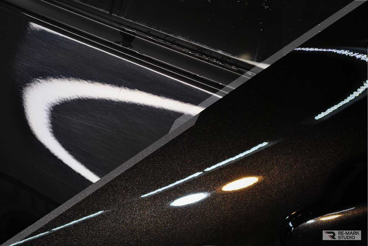 На фото лакокрасочное покрытие автомобиля до обработки керамикой и после.
