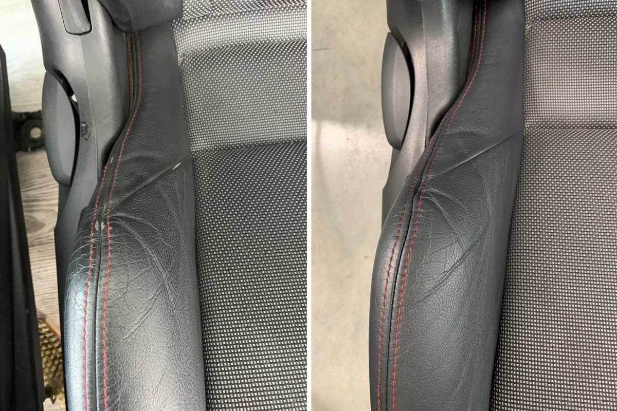 Смотреть фото до и после – удаление потертостей на автомобильном кресле.